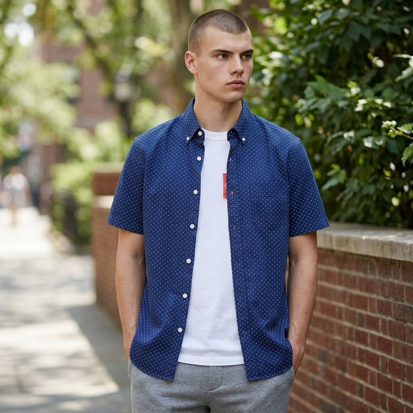 J.Crew Shirt Men Short Sleeve Blue Polka Dot Size L Button-Up NWT - Picture 2 of 11